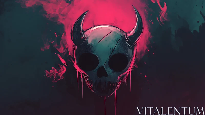 Horned skull icon floats in neon pink smoke on dark field
