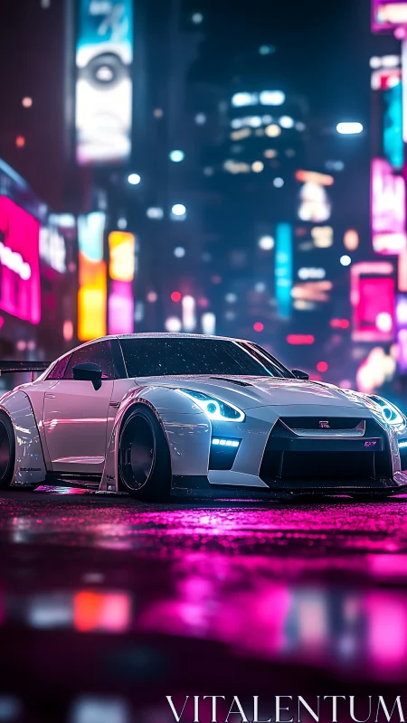 White sports coupe is rendered on wet neon city street at night