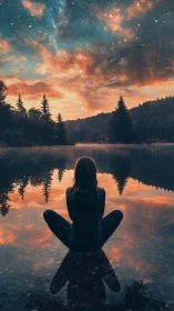 Astral dusk reflection with meditative silhouette at lakeshore.