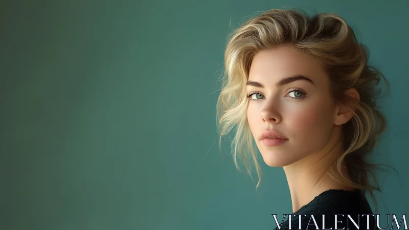 Soft teal whispers around a luminous, contemplative gaze.