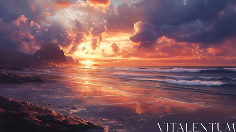 Dramatic sunset over reflective shoreline and waves.