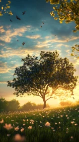 Backlit meadow tree with butterflies under golden hour sky