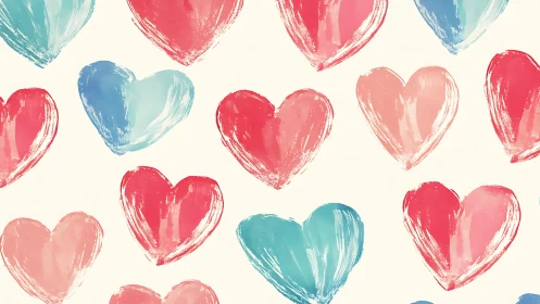 Hand-Painted Hearts in Red and Teal on Cream Background.