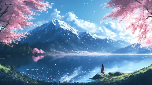 Cherry blossom shoreline under towering alpine peak.