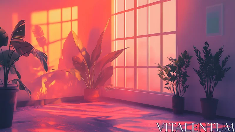 Sunlit indoor foliage in saturated magenta sunset glow.