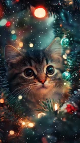 Tabby kitten positioned among illuminated tree branches.