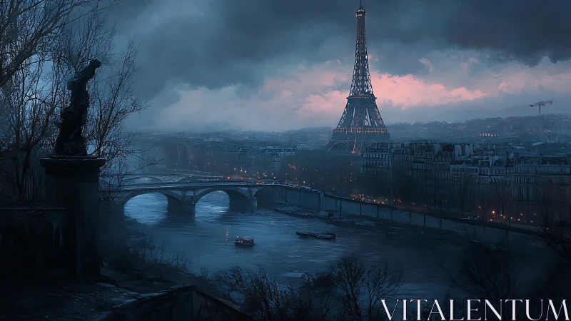 Moody twilight Paris skyline with Eiffel Tower and river.