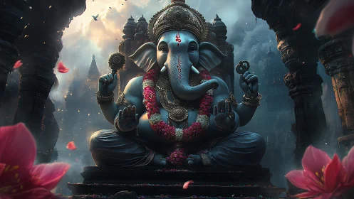 Majestic Ganesha statue glows softly in a mystical temple