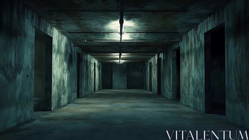 Cinematic concrete corridor with moody overhead lighting design.