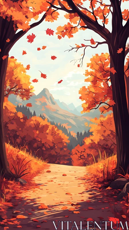 Mountain Vista Through Autumn Forest Canopy Path.