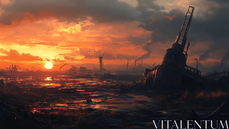 Post apocalyptic industrial coastline under burning sunset.
