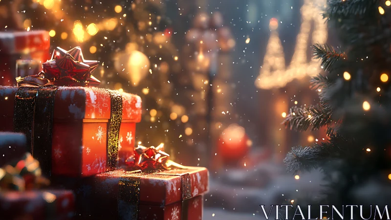 Stacked red gift boxes under shallow depth-of-field snowfall lighting