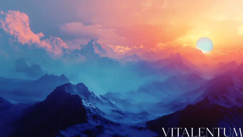 Celestial sunrise over neon misted alien mountain ranges.