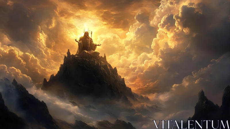 Divine monarch enthroned atop sunlit storm clouds.