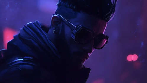 Neon midnight drapes a brooding cyber wanderer in glow