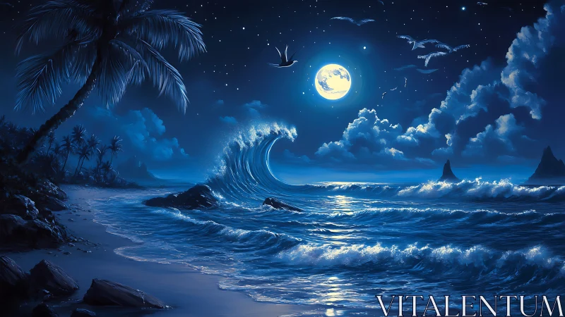 Moonlit Tide Dance Along A Dreamy Tropical Shoreline.
