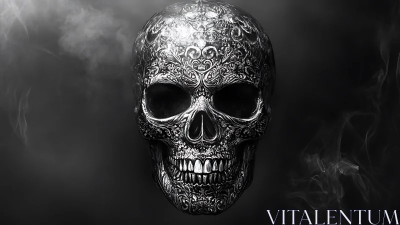 Engraved metallic human skull on dark smoky background.