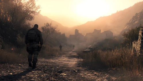 Soldiers advance toward ruined village under blazing sunset.