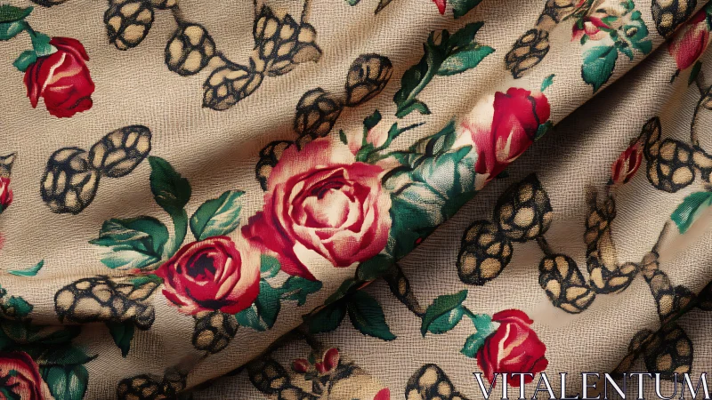 Velvet Roses Dance with Golden Hops on Cream Canvas