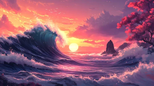 Digital seascape depicts breaking wave at stylized sunset