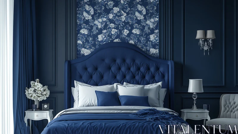 Cozy navy bedroom retreat with plush bedding and soft light.