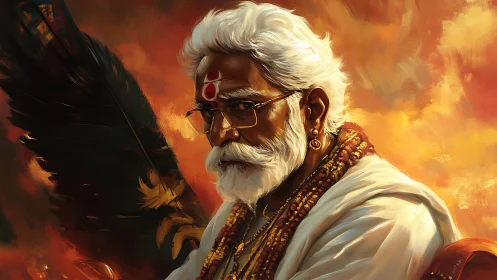 Elderly sage in orange light with bird wing backdrop.