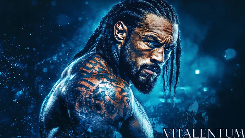 Tattooed warrior portrait in electric blue cinematic lighting.