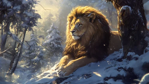 Male lion resting in a snowy conifer forest at sunrise.