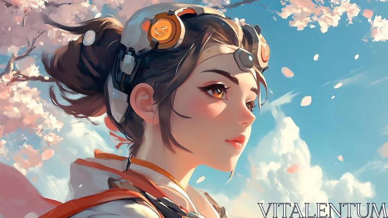 Female character with headset amid cherry blossoms and sky.