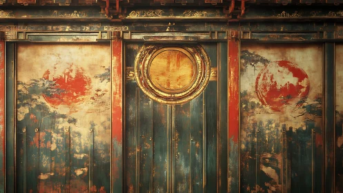 Weathered oriental gate glows with sunlit patina and history