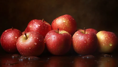 Cluster of red apples with water droplets on dark surface.