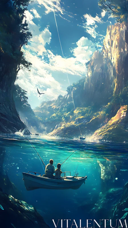 Peaceful fishing together on a sparkling turquoise river canyon.