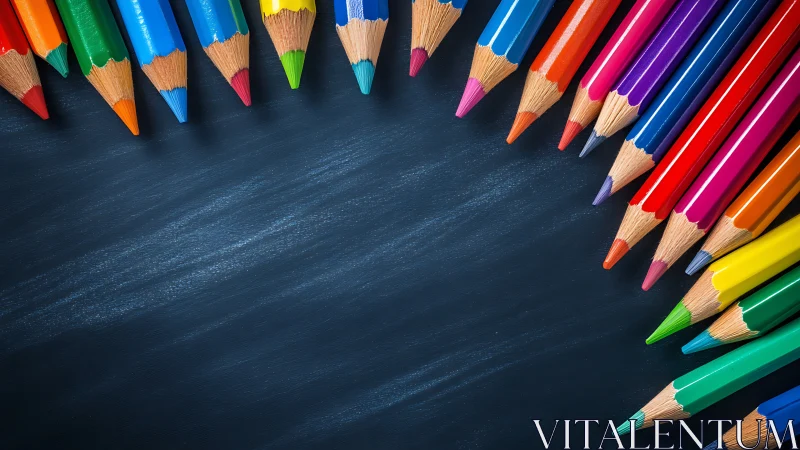 Color pencils framing blue chalkboard with empty center space.