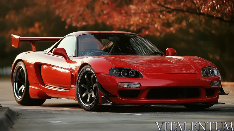 Red modified sports coupe is parked on a paved surface