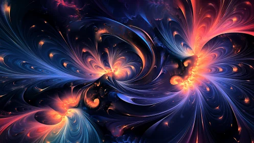 Fractal light patterns in blue and orange swirling forms.
