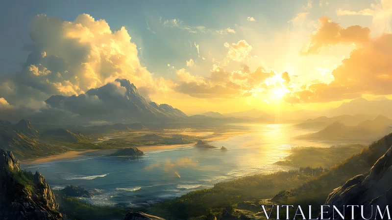 Radiant sunrise spills over tranquil fantasy coastline.