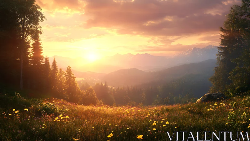 Sunlit mountain meadow under warm glowing sunset sky.