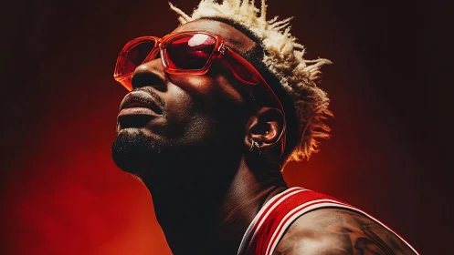 Bold gaze in red light with sunglasses and electric style.