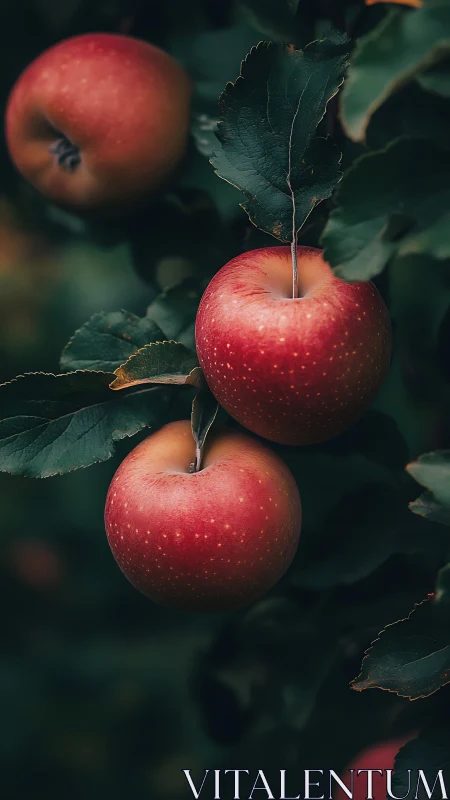 Ripe red apples hanging on leafy tree branch outdoors.