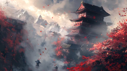 Crimson pagoda dreaming in mist between whispering mountains.