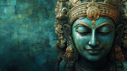 Bronze teal deity relief sculpture with ornate headpiece