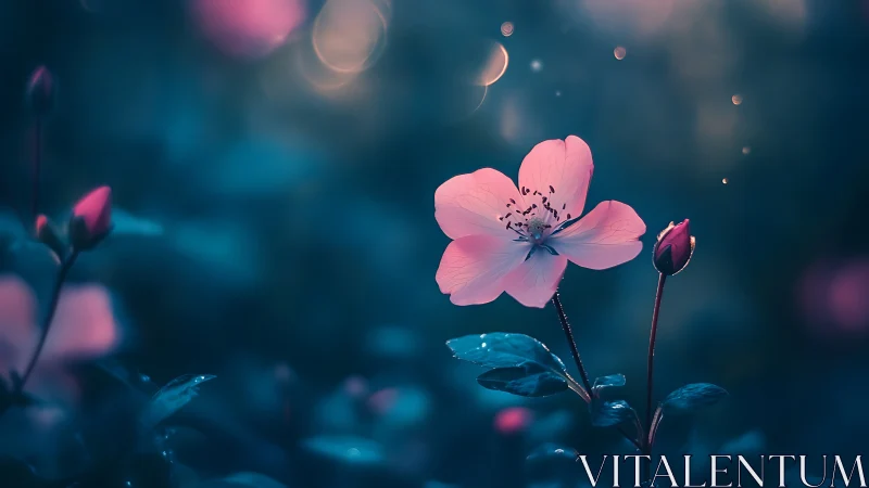 Pink Flower in Twilight Garden with Bokeh.