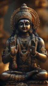 Bronze deity breathes quiet light through ornate golden calm