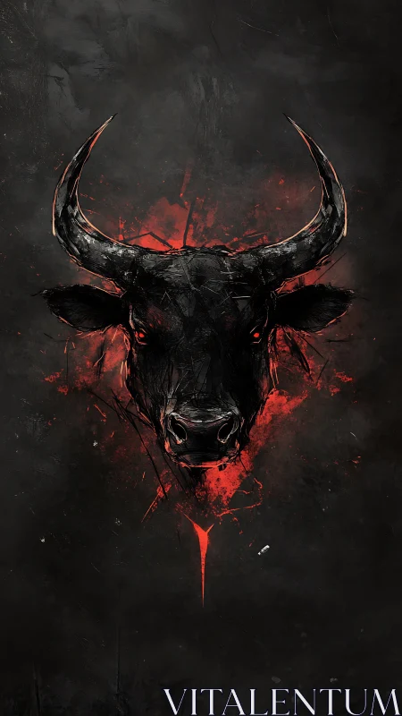Dark bull head illustration over red splatter on black background.