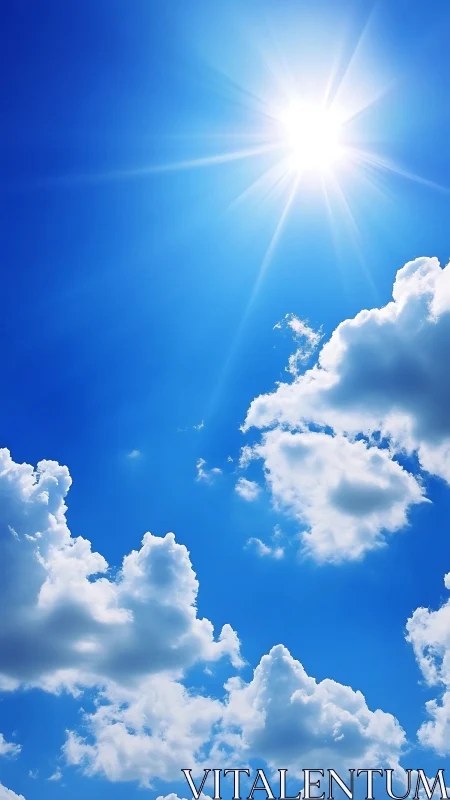 Bright midday sun and playful clouds in wide blue sky.