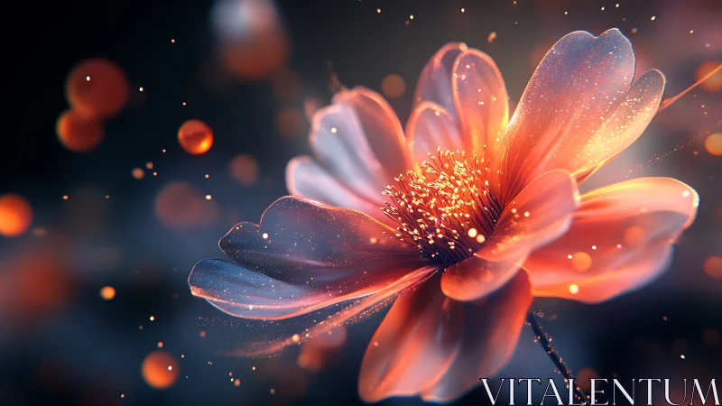 Digital painting macro bloom with luminous particle bokeh focus.