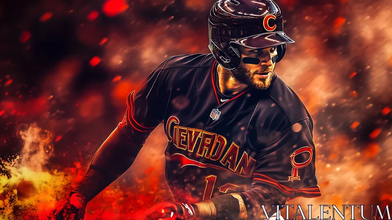 Blazing ballplayer charging through a storm of color and fire.