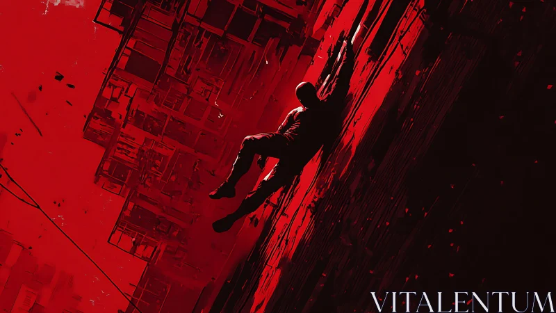 Solitary human figure on angular red digital structures.