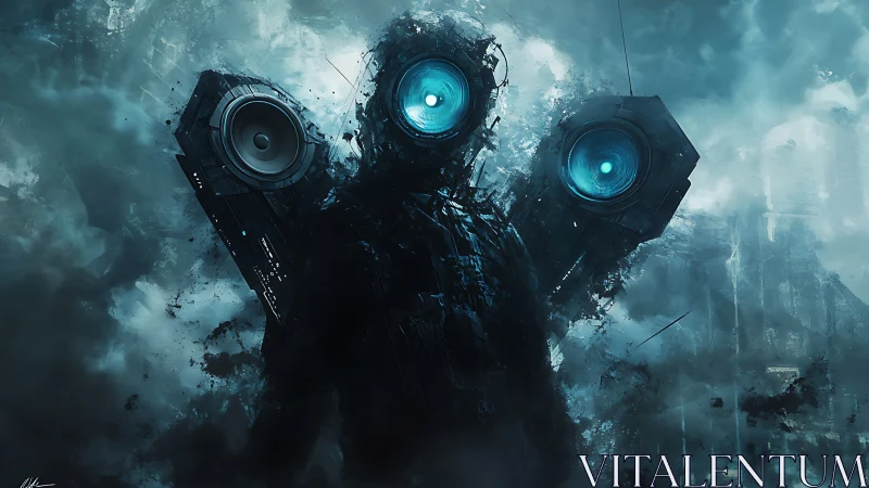 Mechanical figure with three speaker eyes in misty ruins.