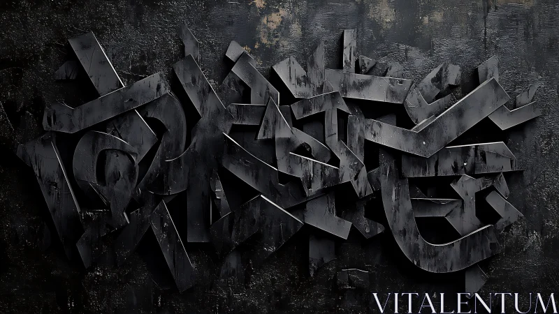 Layered black graffiti forms abstract metallic wall sculpture.